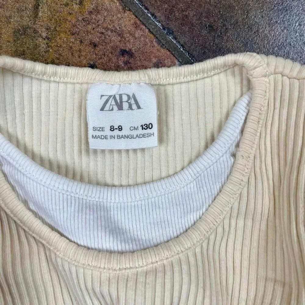 Zara Girls Cream Ribbed Long Sleeve Cold-Shoulder Cutouts Layered Top 8-9